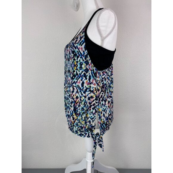 Athleta women's medium black patterned built in bra open tankini swim top - Picture 2 of 6